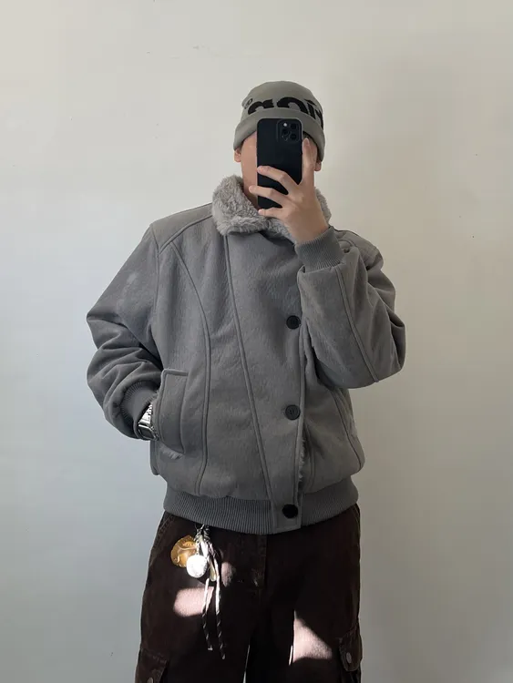 H22 美式复古加绒毛领棉服男女冬季休闲复合肌理纹路保暖情侣外套