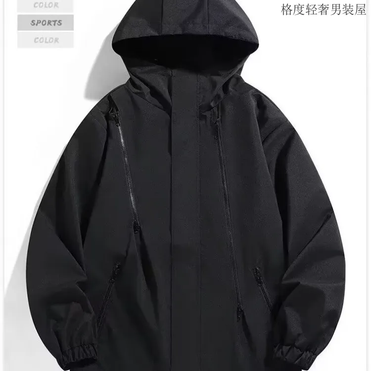 春秋户外休闲潮流百搭连帽冲锋衣男士宽松工装外套情侣款春秋季
