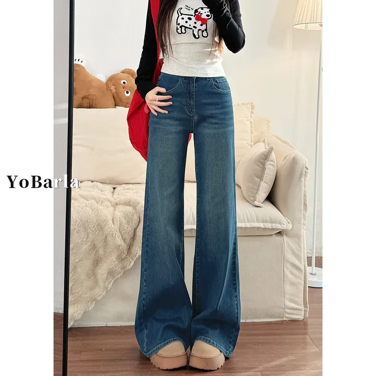 复古不贴腿微喇牛仔裤女冬季加绒大码胖mm高腰宽松显瘦喇叭弹力裤