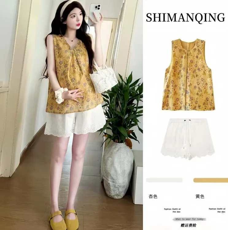 孕妇装2025夏装新款洋气新中式无袖提花刺绣宽松花边短裤孕妇套装