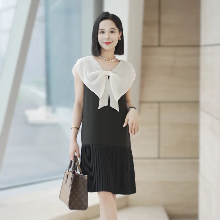 罗美拉 夏季高级感气质时尚法式优雅撞色蝴蝶结显瘦连衣裙#818