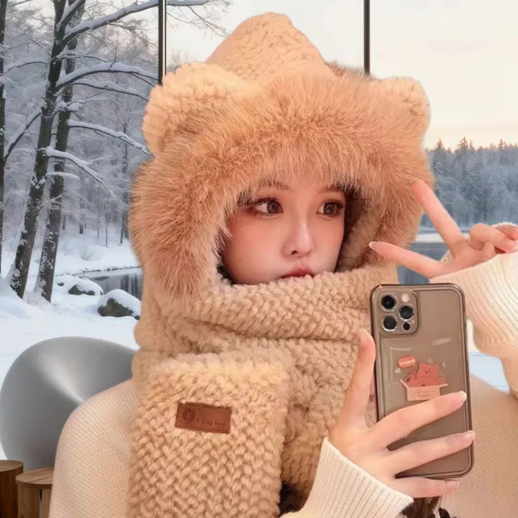 毛绒帽子女秋冬季儿童户外骑车防风保暖帽围巾手套三件套防风帽子