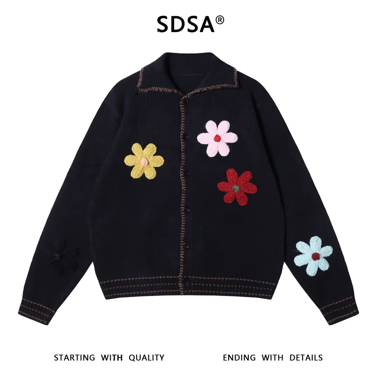 SDSA男士秋冬新款痞帅男装复古撞色针织花朵缝线纽扣开衫翻领毛衣