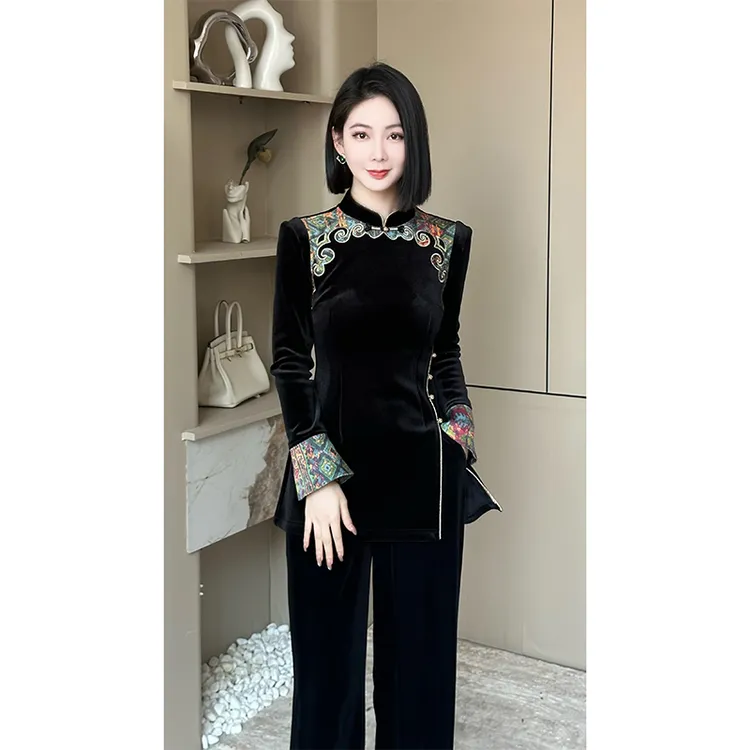 格娜新中式改良奥黛中长款上衣小个子精致穿搭民族风典雅显瘦套装