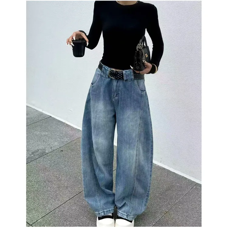 NOMIO美式复古水洗弯刀牛仔裤休闲百搭竹节纹慵懒阔腿裤女潮秋季