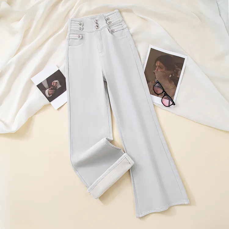 单裤/加绒高腰阔腿喇叭牛仔裤女弹力宽松百搭加厚裤子9876