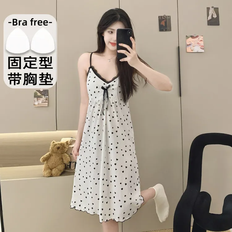带胸垫可拆卸睡衣女夏6535棉吊带裙韩版性感甜美可爱家居服
