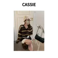 CASSIE韩系V领条纹毛衣女秋冬季新款上衣气质宽松百搭针织毛衣