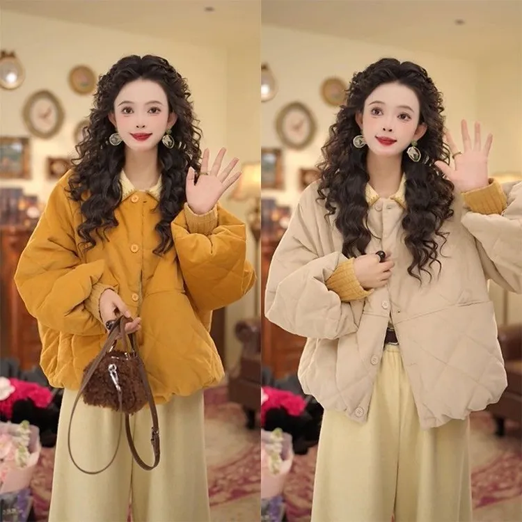 【现货+运费险】复古港风2025菱格新款宽松圆领纯色棉服棉衣外套