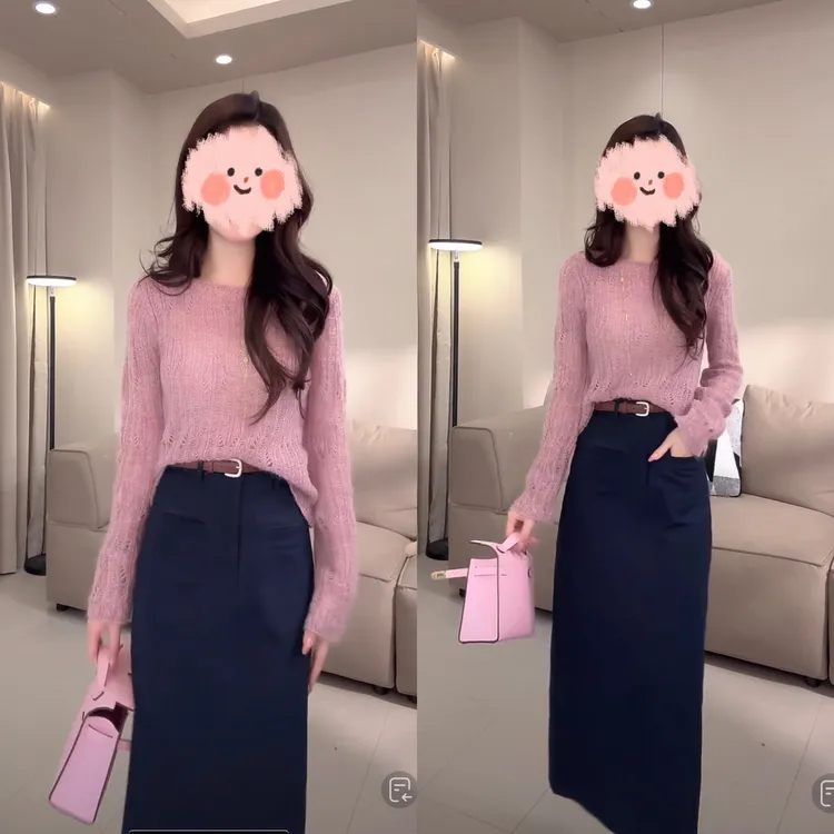 镂空针织圆领气质长袖百搭打底上衣高腰开叉半身裙两件套