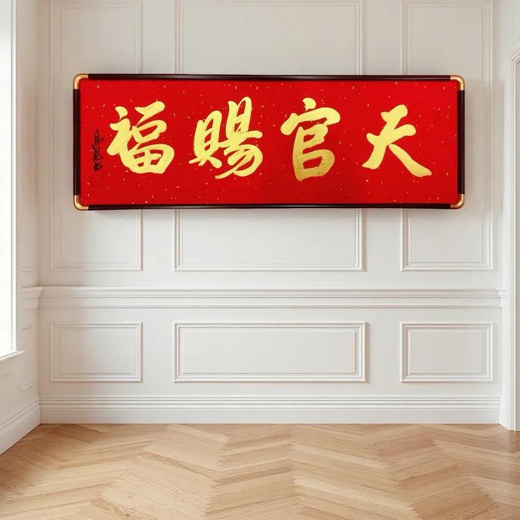 《天官赐福》90x30厘米带框高见书法作品装饰
