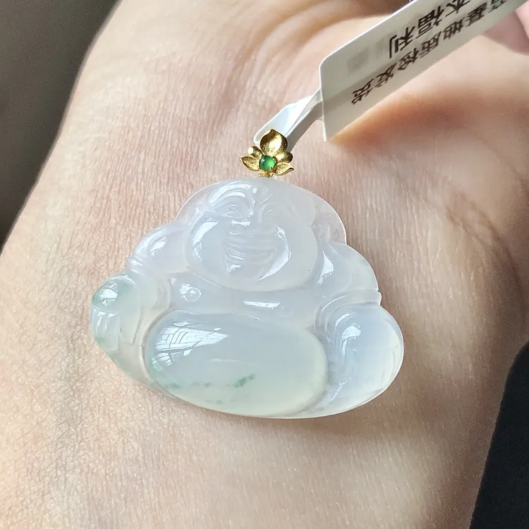 缅甸天然A货翡翠18k金镶嵌老坑冰种飘花佛公吊坠尺寸27/24.3/4