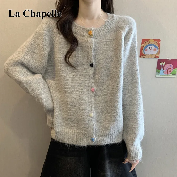 拉夏贝尔秋冬韩版慵懒风设计感针织开衫外套女显瘦上衣外搭毛衣潮