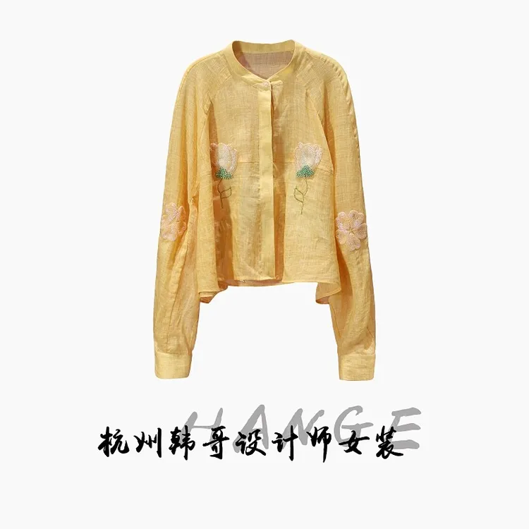 【韩哥女装】欧版轻薄杏黄色国风刺绣串珠棉麻纱短款衬衫8015-Z6