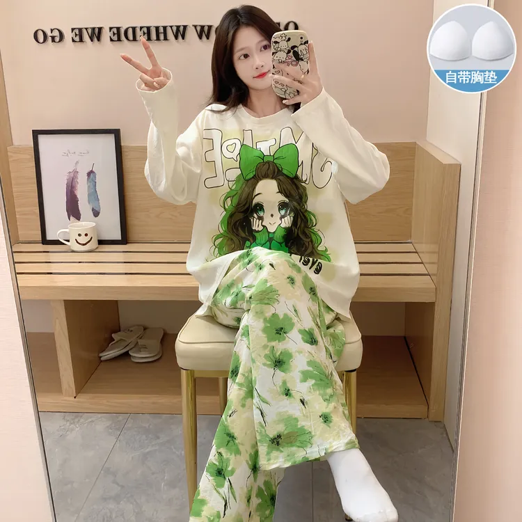 云朵棉睡衣女秋冬季长袖长裤甜美卡通女士春秋款家居服套装可外穿
