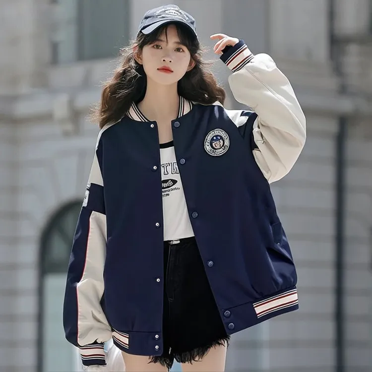 美式撞色棒球服外套女春秋休闲工装2025新款初高中学生飞行员夹克