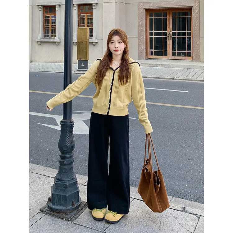 韩系穿搭撞色V领长袖针织开衫女高腰松弛感休闲阔腿裤两件套1262