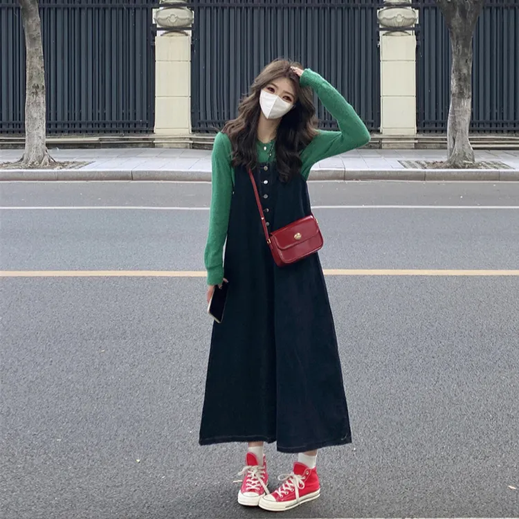 秋季新款复古甜辣风牛仔裙背带连衣裙女小众设计感牛仔长裙子
