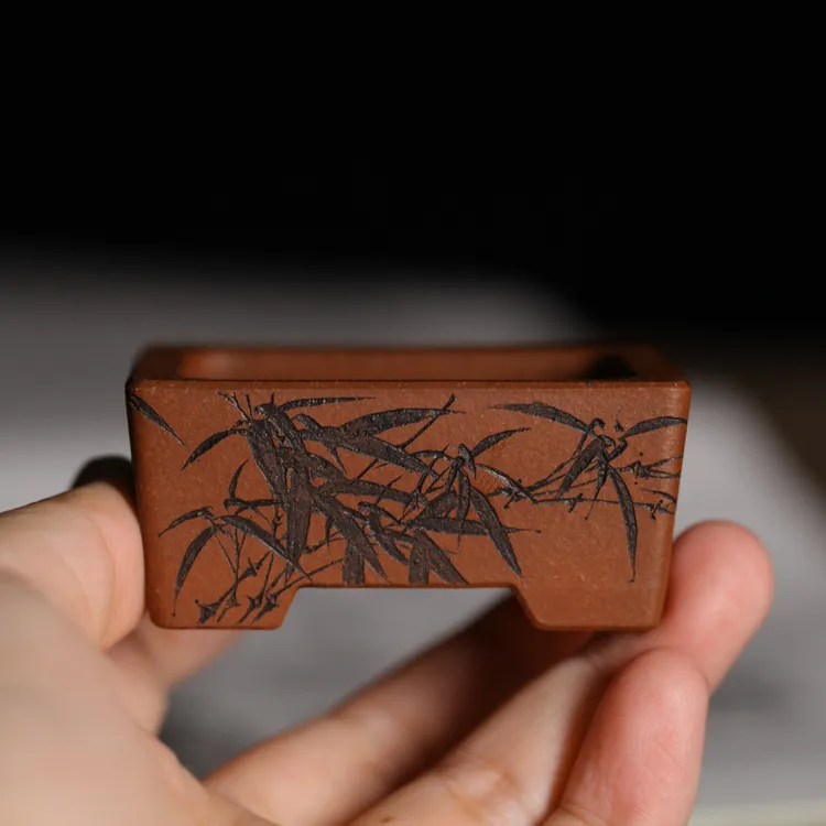 盆客陶瓷 精品紫砂盆 刘婷全手工红清水泥长方形微型小马槽文人盆