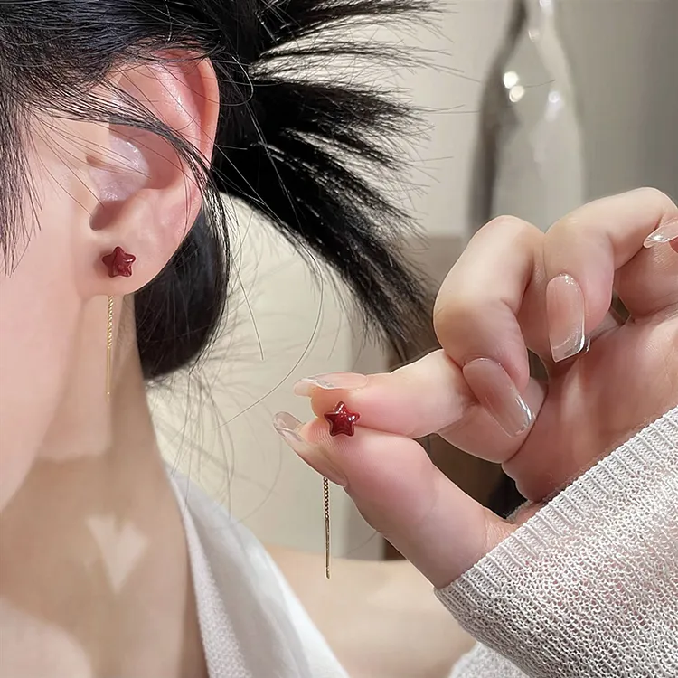 合金耳饰 贝壳红色五角星耳线小巧简约早秋百搭精致百搭可爱耳饰