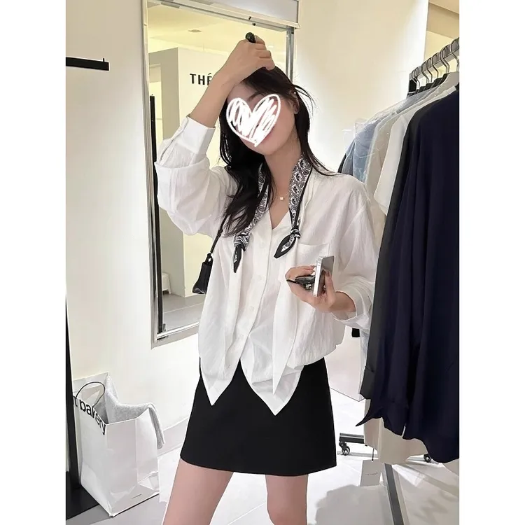 固质白色飘带V领衬衫女秋季高级感轻奢减龄洋气衬衣慵懒气质上衣