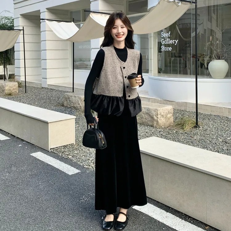 法式小香风套装裙女秋季2025新款撞色花苞马甲打底衫半身裙三件套