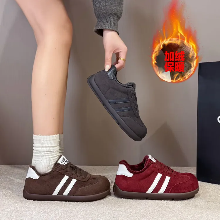 冬季加绒德训鞋女韩版时尚百搭学生软底防滑保暖休闲棉鞋加厚