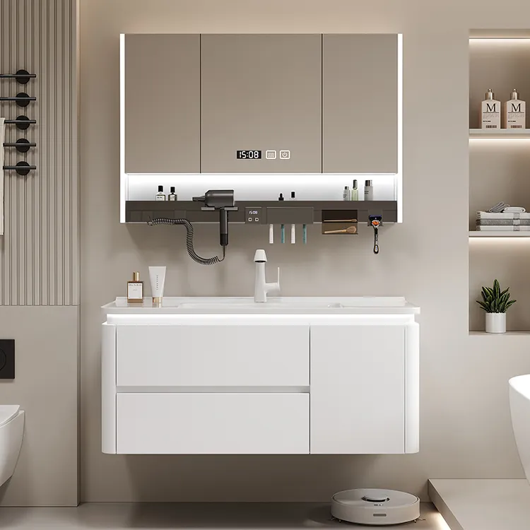 轻奢奶白风浴室柜组合卫生间智能马桶柜洗漱台圆角陶瓷一体盆