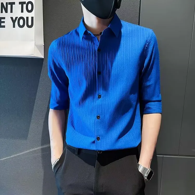 痞帅条纹衬衫休闲男短袖夏季韩版潮流修身高端褶皱纯色七分袖衬衣