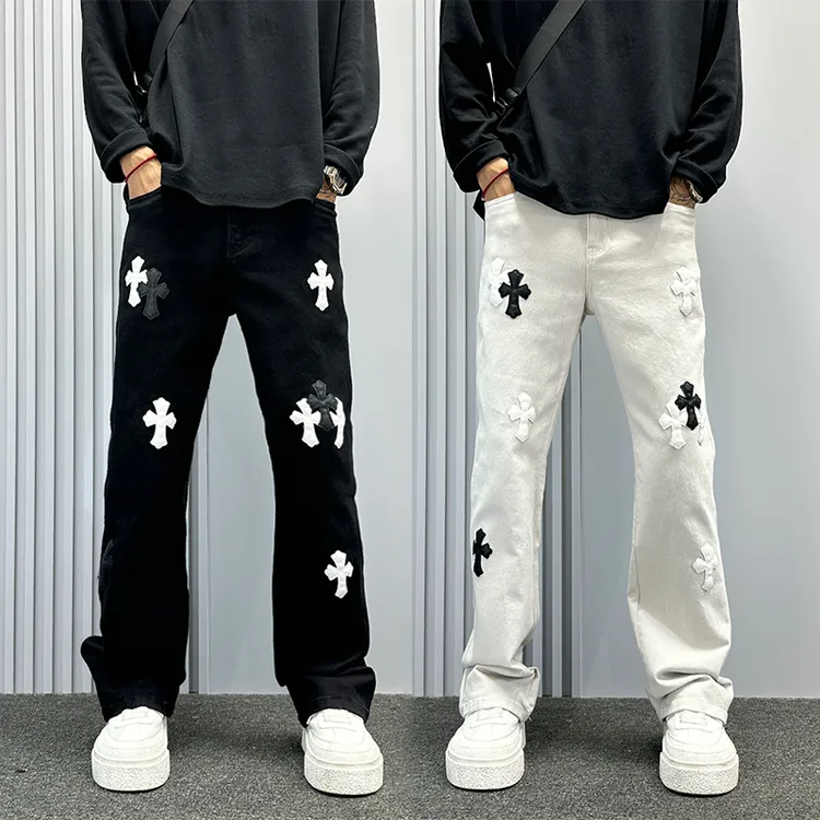 美式潮牌cleanfit十字架贴布牛仔裤男款微喇裤子秋冬直筒休闲裤潮