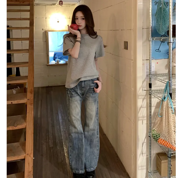 孙恩盛【显高神裤】微喇水洗牛仔裤蓝色男女ins宽松阔腿牛仔裤