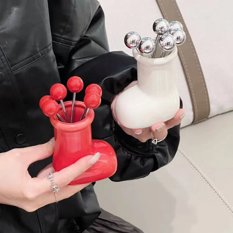 轻奢高颜值水果叉子套装不锈钢小叉子水果签果插甜品蛋糕叉收纳罐