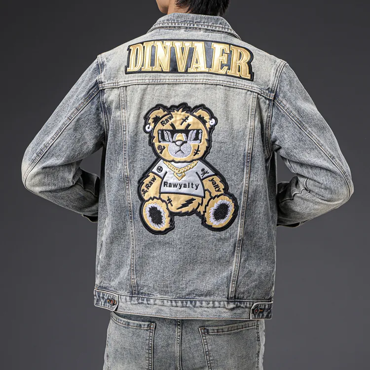 贝希缇汀BESTIDNG欧货小熊烫钻牛仔外套男秋季潮牌翻领夹克上衣男