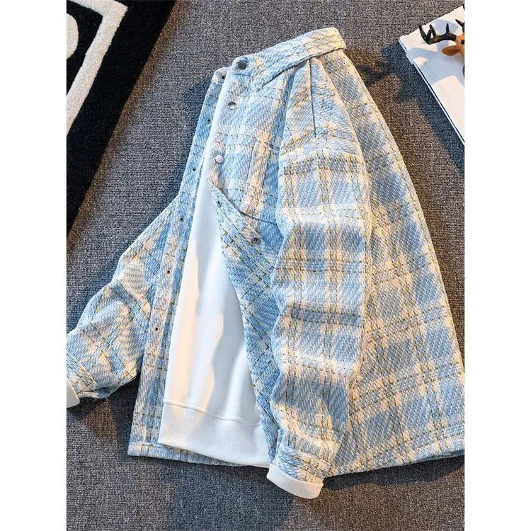 美式小香风毛呢外套男潮牌痞帅休闲百搭夹克春秋款高级感格子衬衫