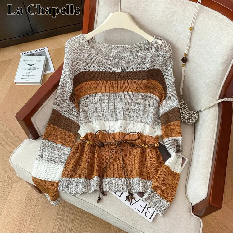 拉夏贝尔2025时尚百搭风多巴胺条纹针织衫女秋季复古显瘦宽松上衣