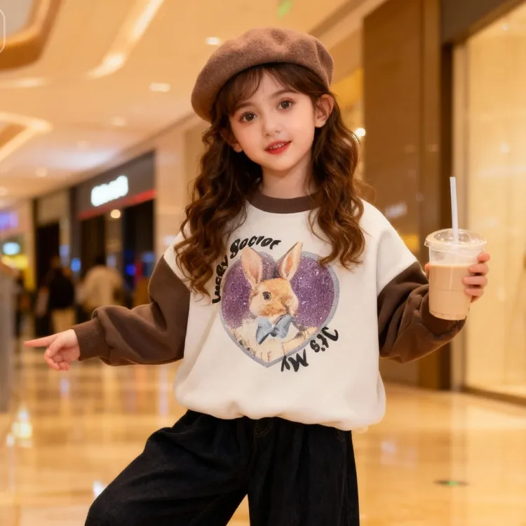 3043新款男女童装儿童秋冬季可爱卡通兔加绒时髦洋气长袖卫衣加厚