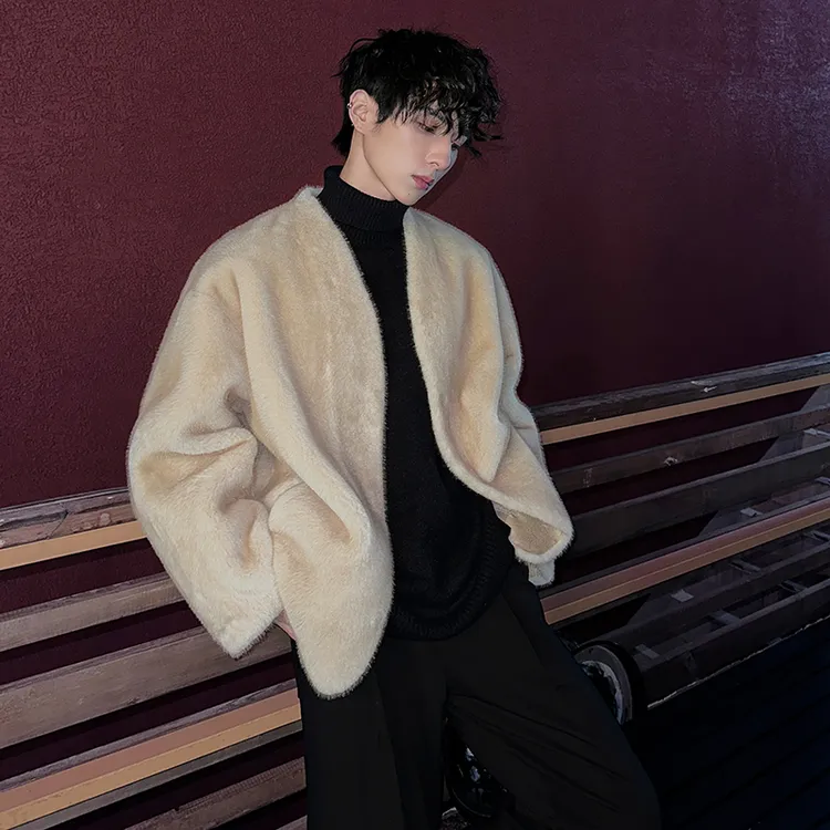 v领仿兔毛外套男款秋冬季高街潮流加厚棉服宽松百搭毛绒休闲夹克