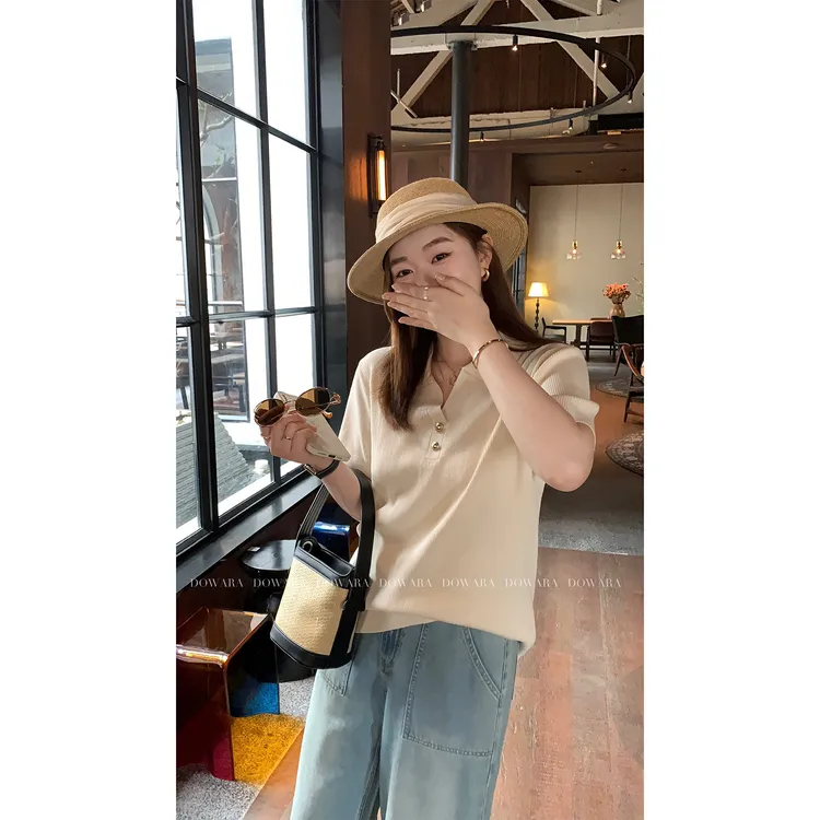 大婉酱微胖定制385g冰丝纱线polo领针织衫春夏显瘦短袖上衣 6636D