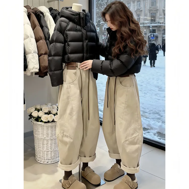 2025冬季新款潮流连帽短款棉衣高腰长裤时尚套装女