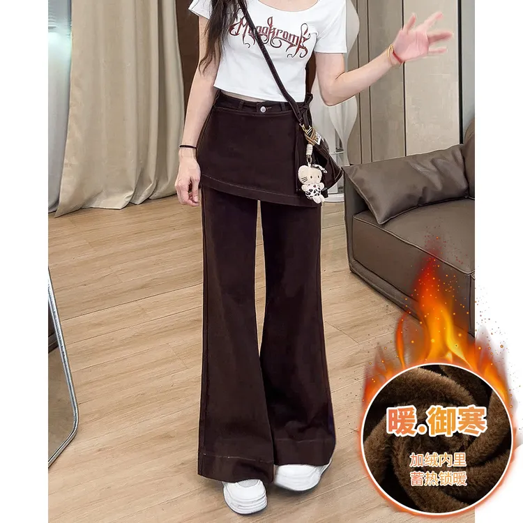 211喇叭裙裤女2025冬季加绒设计感个性拼接百搭休闲拖地牛仔裤潮