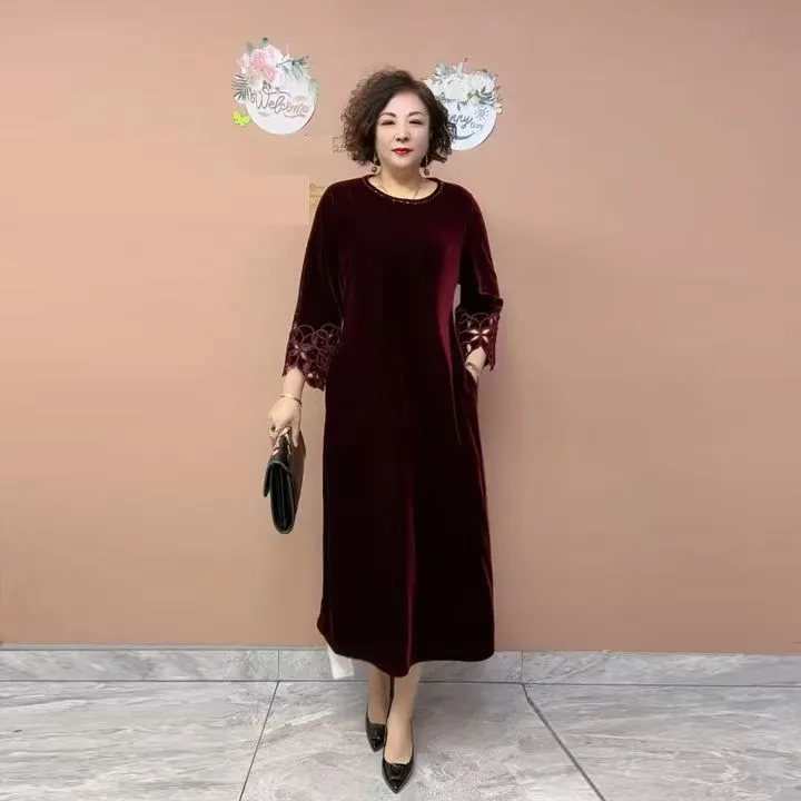 H秋季新款丝绒连衣裙复古薄款中老年女装宽松长袖显瘦妈妈装洋气