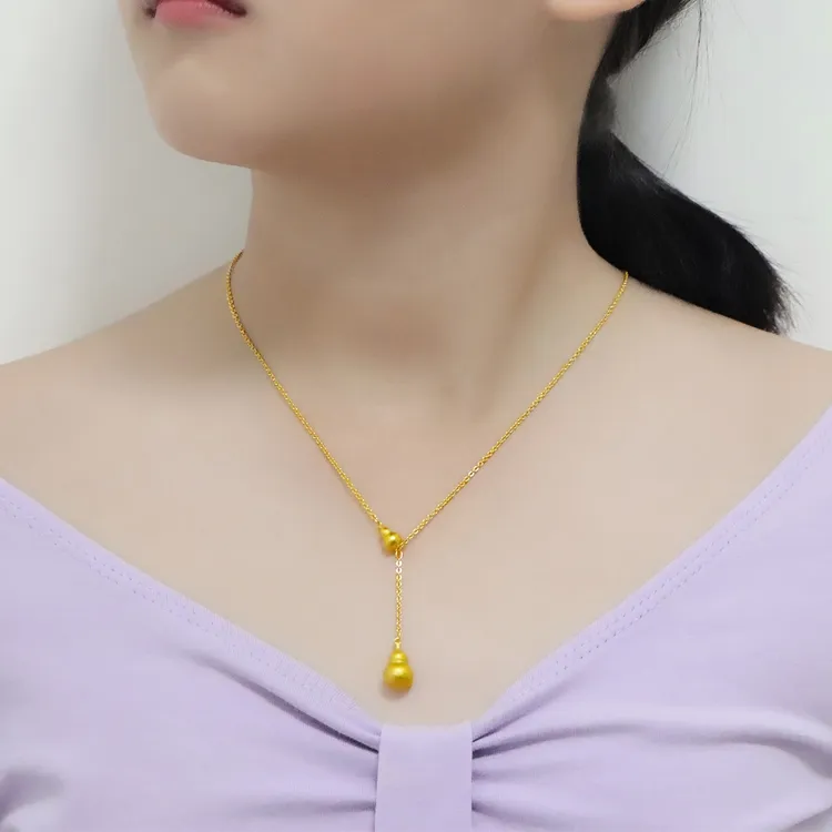 铜合金项链 气质古法双葫芦福禄双全项链女金色锁骨链百搭轻奢风