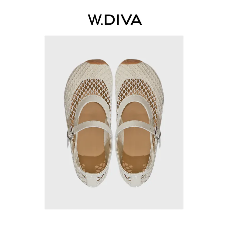 W.Diva【曼舞】夏季新款网眼镂空一字带牛皮拼接芭蕾舞鞋52X042586