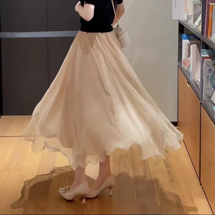 【不透，不是雪纺】显瘦半身裙气质高腰春季新款中长款网纱裙A字