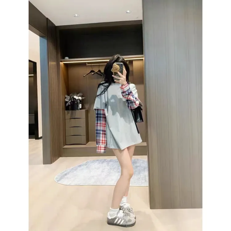 设计感小众灰色宽松T恤女2025春新款假两件独特别致宽松休闲上衣