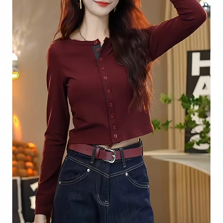 春秋冬洋气新针织开衫时尚撞色圆领打底衫女修身显瘦百搭长袖上衣