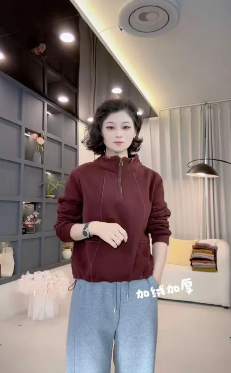 加绒加厚卫衣女士打底上衣2025冬新款宽松半拉链立领8529