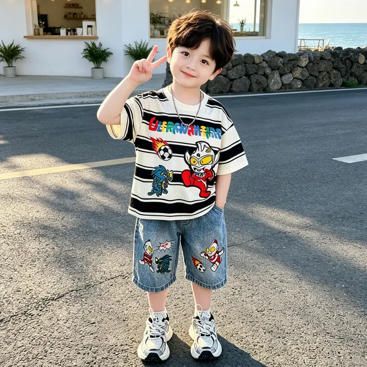 奥特曼衣服男童夏季短袖套装2026新款儿童牛仔短裤痞帅夏装两件套