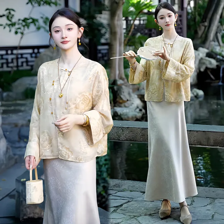 复古风中式时尚套装女2025秋冬新款减龄气质圆领上衣半身裙两件套