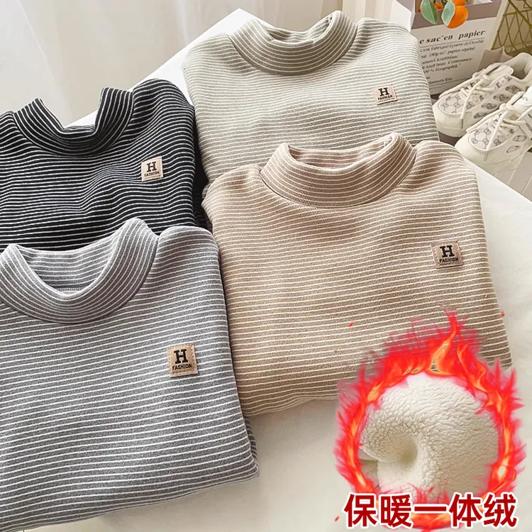 儿童秋冬新款德绒加绒条纹打底衫加厚半高领男宝女宝内搭保暖衣